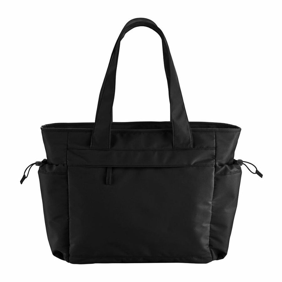 Quadra's QS303 black tote bag features dual handles, a front zippered pocket, and side drawstring pouches, showcased on a white background.