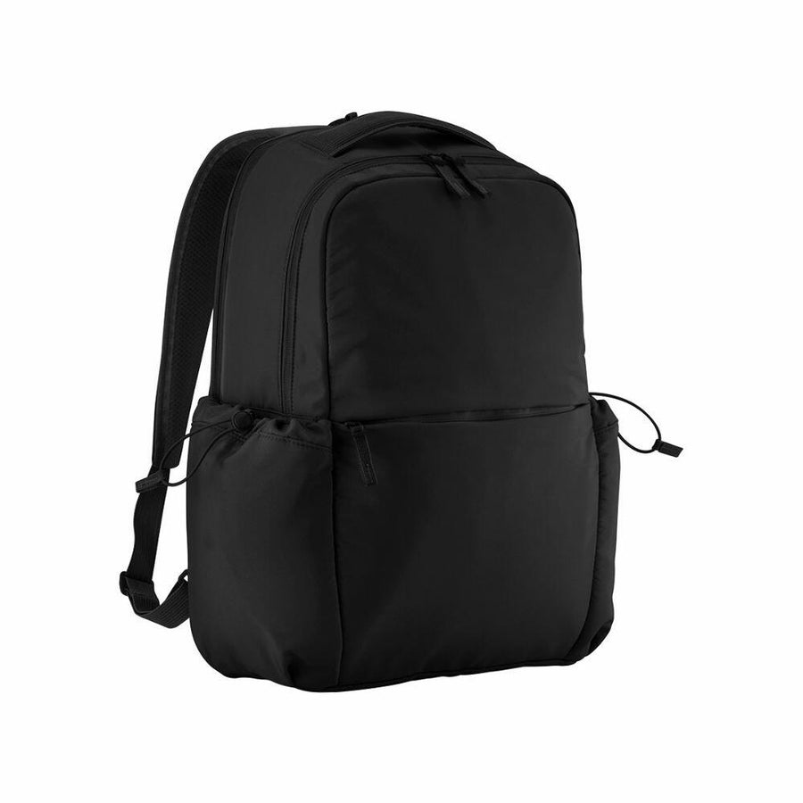 The QS306 by Quadra is a black backpack that boasts a sleek design with adjustable shoulder straps, a top handle, and multiple zippered compartments.