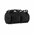 The QS320 by Quadra is a black duffel bag featuring two front zippered pockets, a top handle, and an adjustable shoulder strap.