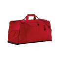 A large red duffel bag featuring a zippered main compartment, side pockets, and two carrying handles from the Quadra QS470 collection.