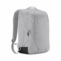 The QS475 by Quadra is a light gray backpack with a sleek design, featuring two main zippered compartments, a top handle, and adjustable padded shoulder straps.