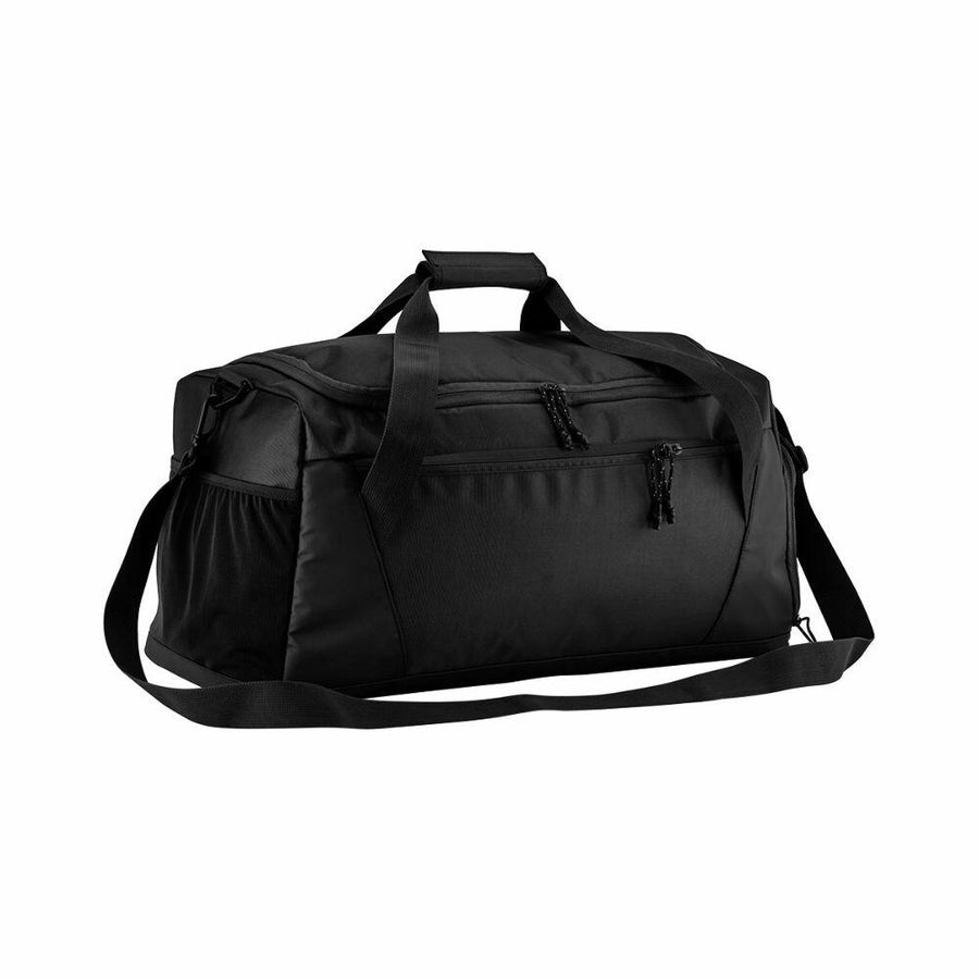 A Quadra QS477, a black duffel bag featuring multiple zippered compartments and a shoulder strap.