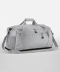 Gray Quadra QS477 duffel bag with multiple zippered compartments, short handles, and an adjustable shoulder strap, set against a plain white background.