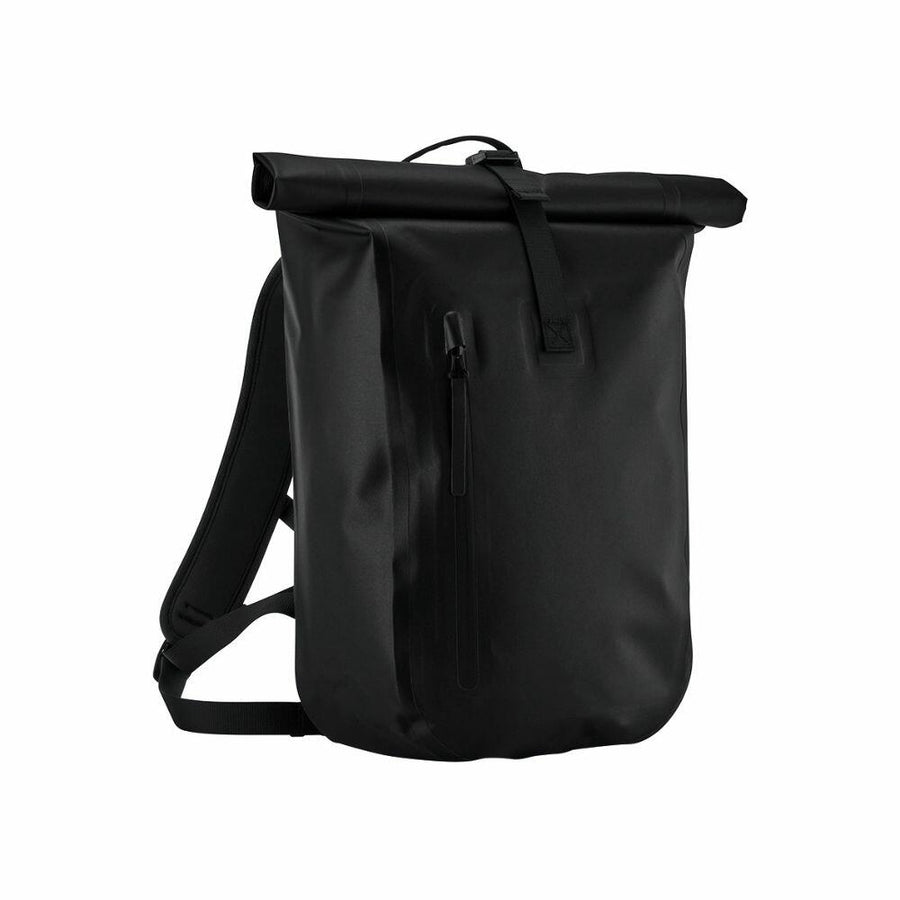 The Quadra QS573 is a roll-top backpack in black, featuring a front zipper pocket and adjustable straps.