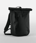 A sleek black Quadra QS573 roll-top backpack with a front zipper pocket and adjustable shoulder straps displayed against a plain white background.