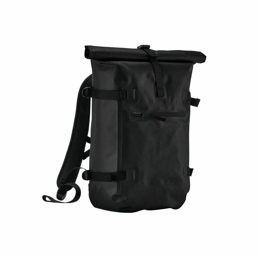A Quadra QS575 roll-top backpack in black, featuring adjustable straps and a front zipper pocket.