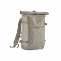 Introducing the QS575 by Quadra: A sleek and minimalist beige roll-top backpack featuring adjustable straps, side buckles, and a front zip pocket. Perfectly designed for both outdoor adventures and urban exploration.
