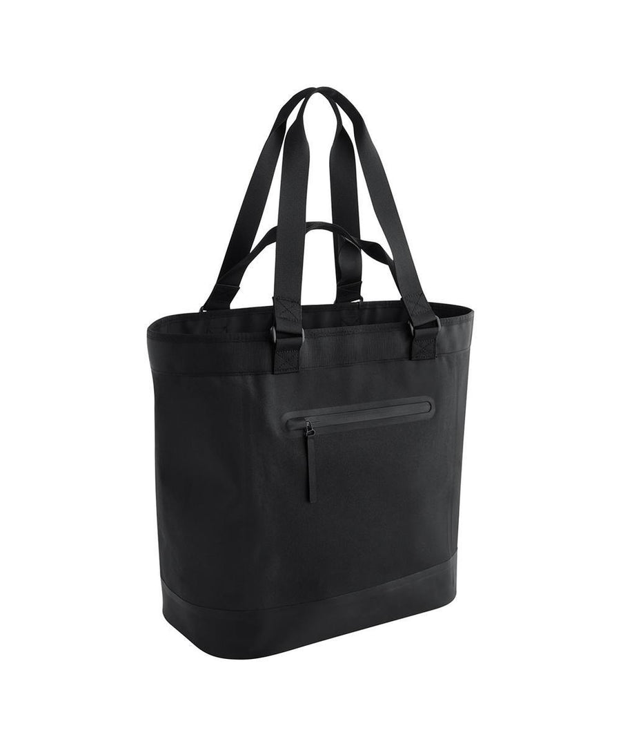 The Bags product is a large black tote with two sets of handles and a front zipped pocket, shown against a plain white background.