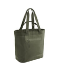 The Bags tote is large and olive green, featuring two sets of handles, a front zip pocket, and a reinforced base, displayed against a plain white background.