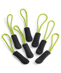Six Quadra QX505 zipper pull extensions in black and green arranged on a white background.