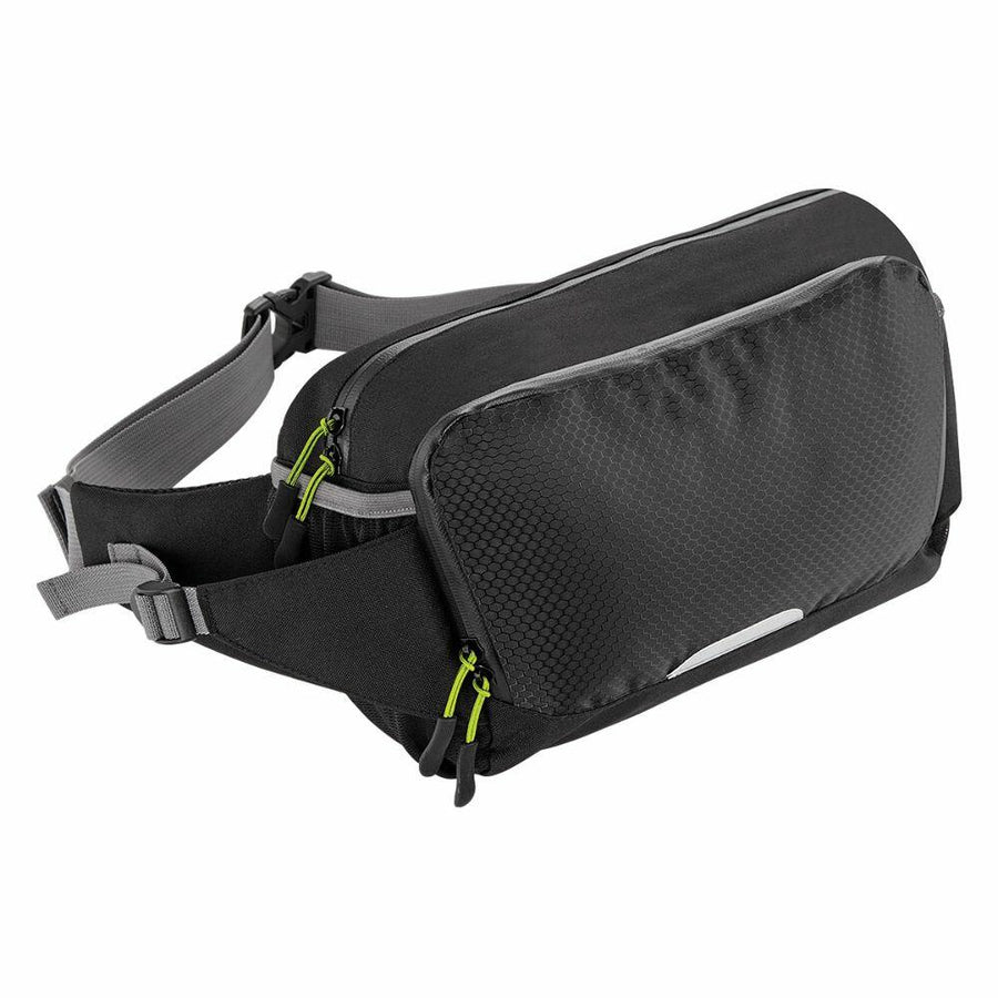 A three-quarter angle view of the Quadra QX515 sling bag, featuring a black and gray design with lime green zippers and an adjustable strap.