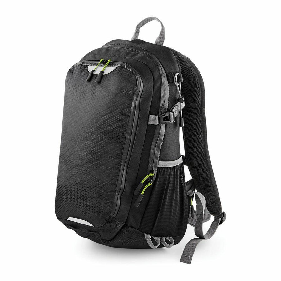 Introducing the QX520 by Quadra: a stylish black and gray backpack featuring multiple compartments, distinctive green zipper accents, adjustable straps, and a convenient side mesh pocket.