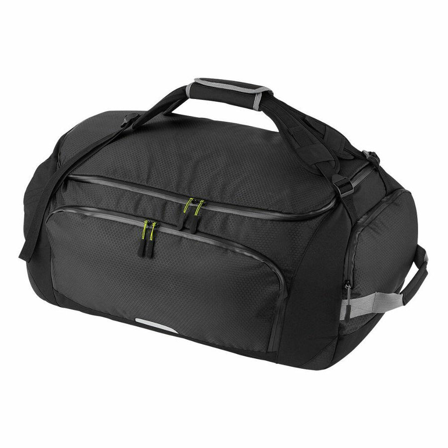Introducing the Quadra QX560, a stylish black duffel bag with green zipper accents and a top handle. It comes equipped with multiple compartments and an adjustable shoulder strap for added convenience.