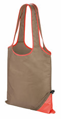 The R002X by Result Core is a brown and red reusable tote bag featuring dual handles and a small zippered pocket in the bottom corner.