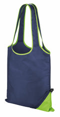 Introducing the R002X Tote Bag by Result Core, featuring a striking blue and lime green design. This tote bag is equipped with two long handles, a side pocket adorned with lime green trim, and a convenient zipper.