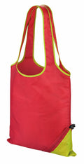 The Result Core R002X is a reusable shopping bag in red and lime green with two handles and includes a small pocket located on the bottom right corner.