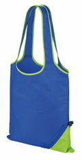 The R002X tote bag by Result Core features a blue design with green trim and handles, complemented by a small zippered pouch at the bottom corner, suggesting foldable or storable functionality.