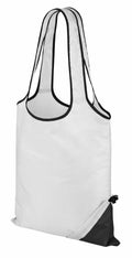The Result Core R002X is a foldable white tote bag featuring black trim and handles, complete with a small black zippered pouch located at the bottom corner. The tote is positioned to display both its side and front, emphasizing its compact storage design.