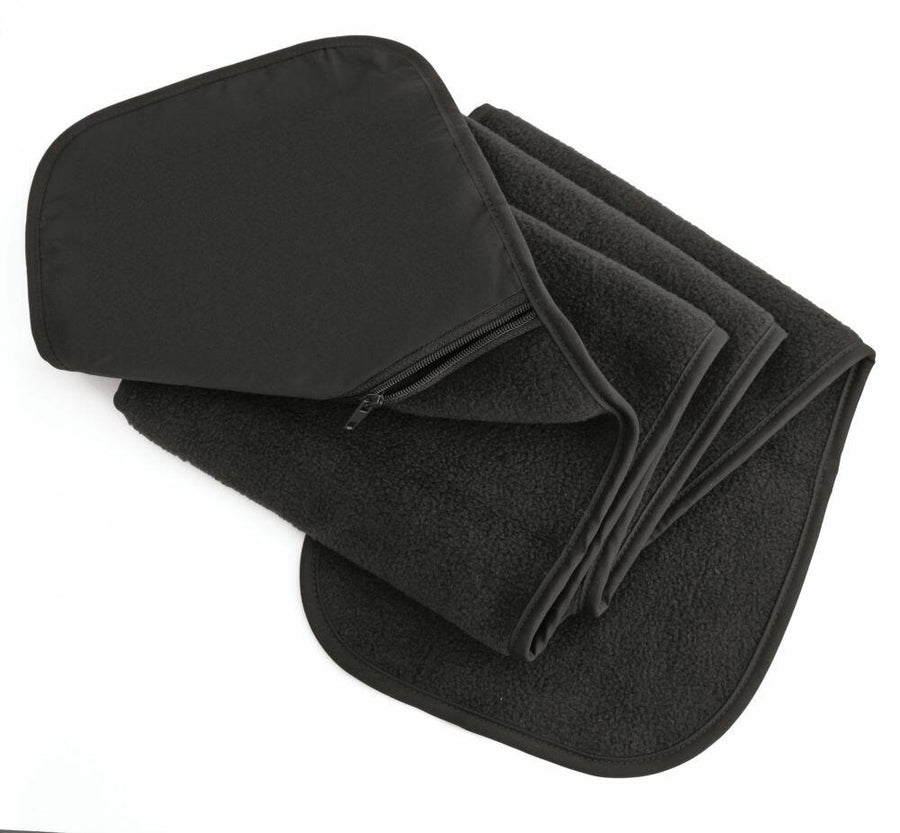 A collection of R100A black fleece car floor mats by Result Winter Essentials, featuring one mat partially unfolded with a zipper pocket in view.
