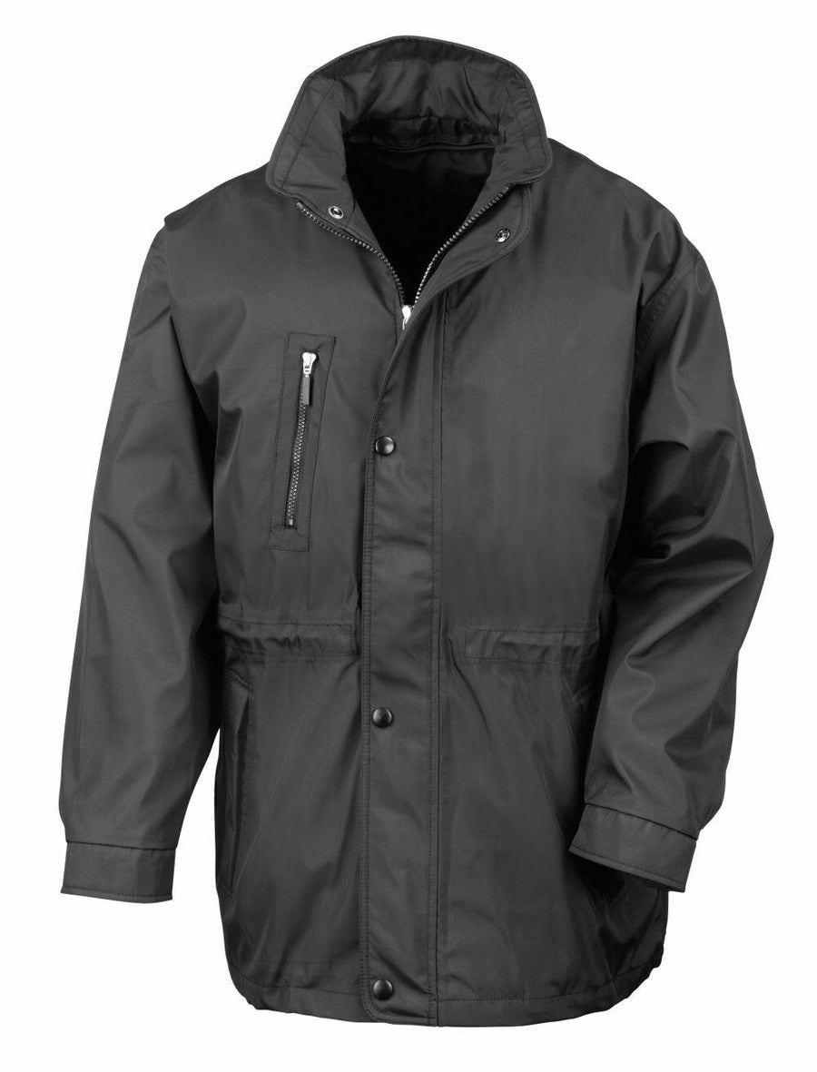 Result's R110A jacket features a high collar, zippered chest pocket, and buttoned front.