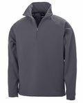 Result Core's R112X is a gray fleece pullover featuring a quarter-zip design, long sleeves, and a stand-up collar.