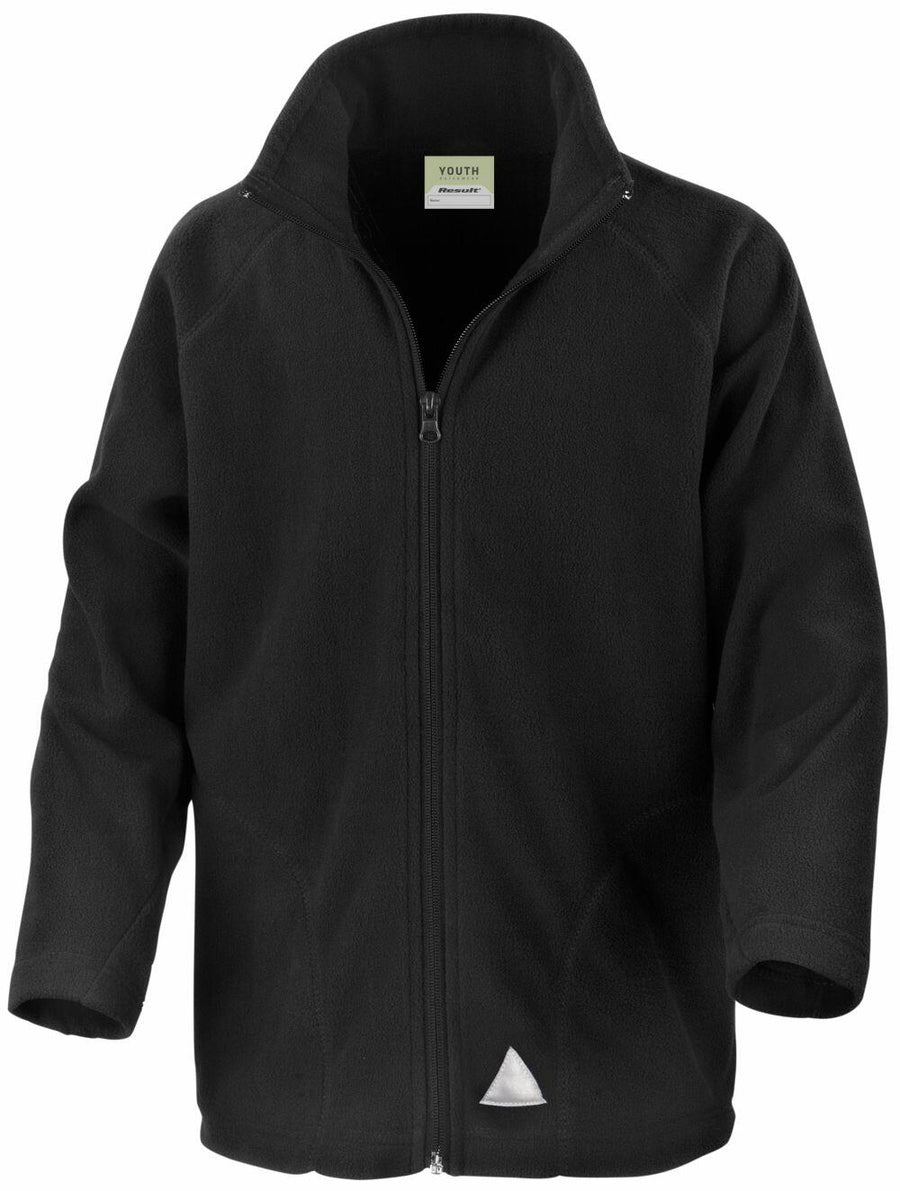The Result Core R114J is a black fleece jacket featuring a front zipper and a high collar, showcased on a plain background.