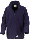 The Result Core R114J features a navy blue zip-up fleece design with long sleeves and a high collar.