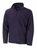The Result Core R114X, a dark blue fleece jacket with a full zipper and high collar, is showcased against a white backdrop. The soft and warm fabric highlights its long sleeves and timeless, classic design.