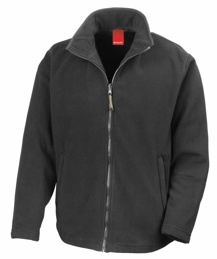 The Result R115A is a black fleece jacket featuring a front full-length zipper and two side pockets.
