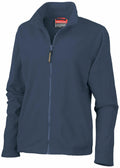 The R115F by Result is a navy blue fleece jacket featuring a full front zipper and a high collar. The jacket looks soft and comfortable, ideal for cool weather, and has a small tag near the collar.