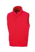 A vibrant red sleeveless fleece vest from Result Core, featuring a front zipper and a high collar, showcased against a simple white background. Product code: R116X.
