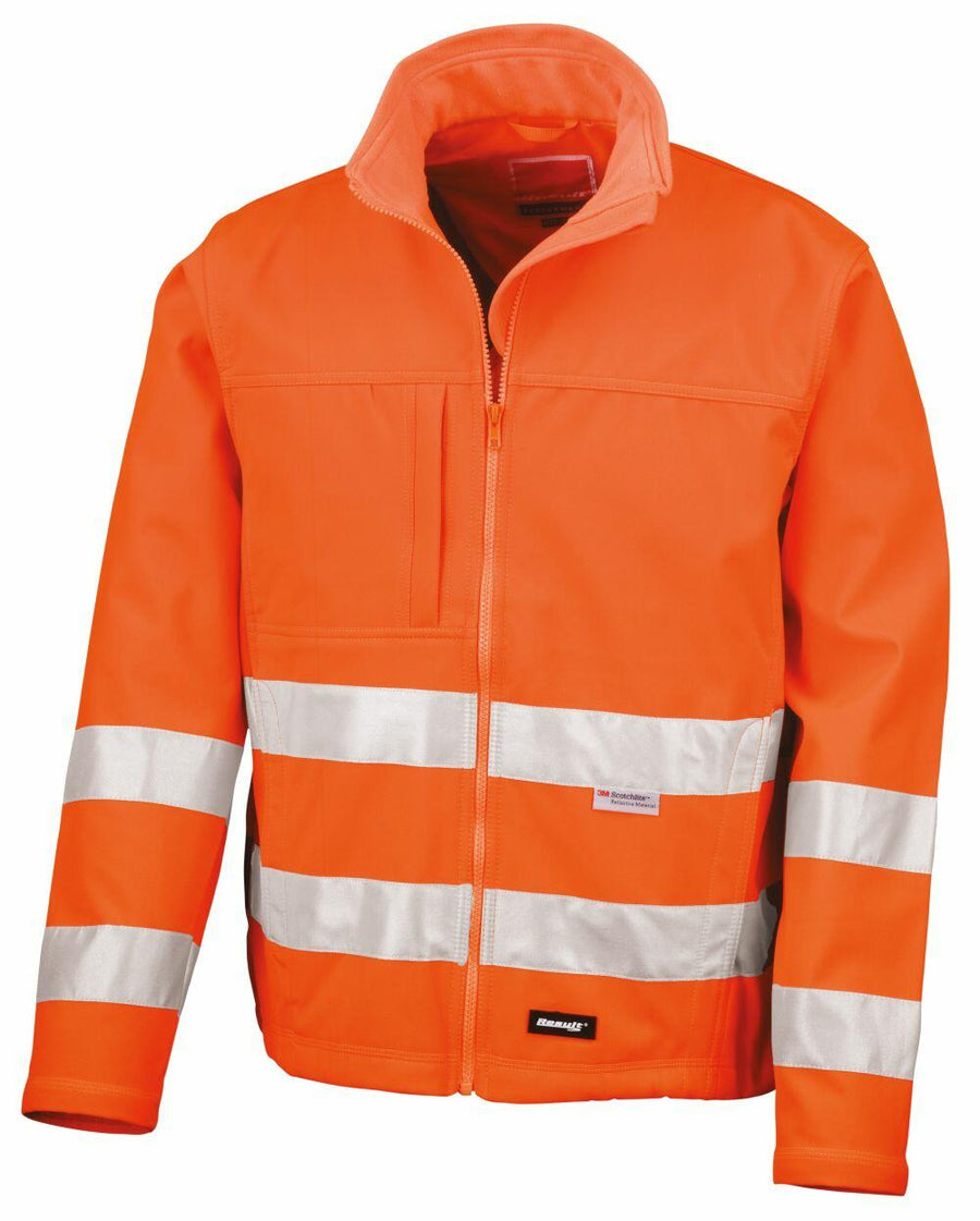Result Safe Guard's R117A is a bright orange high-visibility jacket featuring reflective silver stripes, a front zipper, and a standing collar.