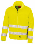 Product R117A by Result Safe Guard is a bright yellow safety jacket featuring silver reflective stripes, a front zipper, and a high collar, displayed on a white background.
