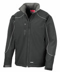 The Result Work-Guard R118A is a black softshell jacket featuring a high collar, zippered front, and two zippered pockets with white piping for added style.