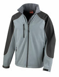 The Result Work-Guard R118A is a gray and black softshell jacket featuring a zipper closure, a zipped chest pocket, and two zipped side pockets.