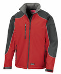 The Result Work-Guard R118A jacket is designed in red and gray, featuring a front zipper, two side zip pockets, and one vertical chest pocket. It includes a high collar and is accented with black piping.