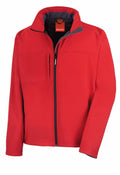 The R121A jacket by Result is a vibrant red piece featuring a front zipper, high collar, and convenient pockets. The fabric looks soft and cozy, making it ideal for cooler weather. It also has an inner lining and zipper outline in a contrasting dark color.