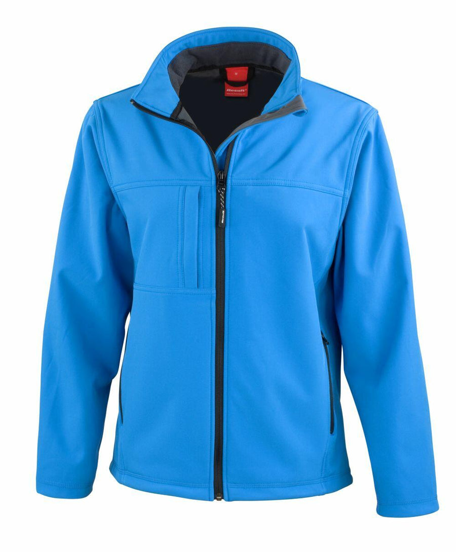 The R121F by Result is a blue zip-up jacket featuring black trim, two side pockets, and a high collar.