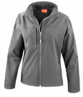 The Result R121F softshell jacket is gray with a high collar and a front zipper. It features two zippered side pockets and a small chest pocket, while the interior reveals contrasting orange fabric. The long, straight sleeves make it ideal for cold weather.