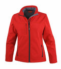 Introducing the Result R121F women's jacket in red, featuring a high collar and a front zipper with black accent details. This outdoor-friendly design includes two side pockets, a chest pocket, and gray interior lining for added comfort.