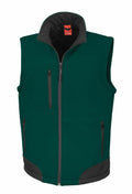 Result's R123A is a green sleeveless vest that features a high collar, gray accents, and multiple zippered pockets, artfully showcased against a white background.