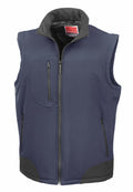 Result's R123A features a navy blue zip-up design with a standing collar, accented with black trim and equipped with three zippered pockets.