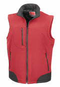 The R123A by Result is a red sleeveless jacket featuring black zippers and accents. It boasts a high collar with several pockets, including one on the chest and two on the sides. The interior is dark-colored, and the jacket is set against a white background for display.
