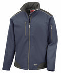 A Result Work-Guard R124A softshell jacket in navy blue, featuring a high collar, a zippered front, and multiple zippered pockets.