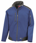 Introducing the R124A by Result Work-Guard: a stylish zip-up jacket in blue and black, complete with practical zippered chest and side pockets. This jacket showcases a stand-up collar, complemented by contrasting black patches on the shoulders and elbows.