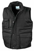 The R127A by Result Workguard is a black padded vest featuring multiple zippered and buttoned pockets.