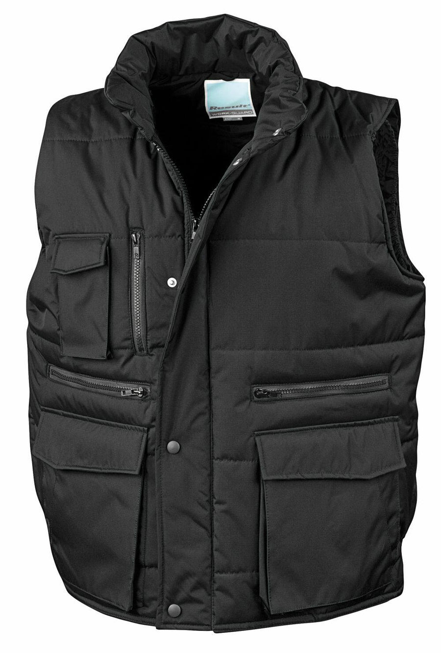 The R127A by Result Workguard is a black padded vest featuring multiple zippered and buttoned pockets.