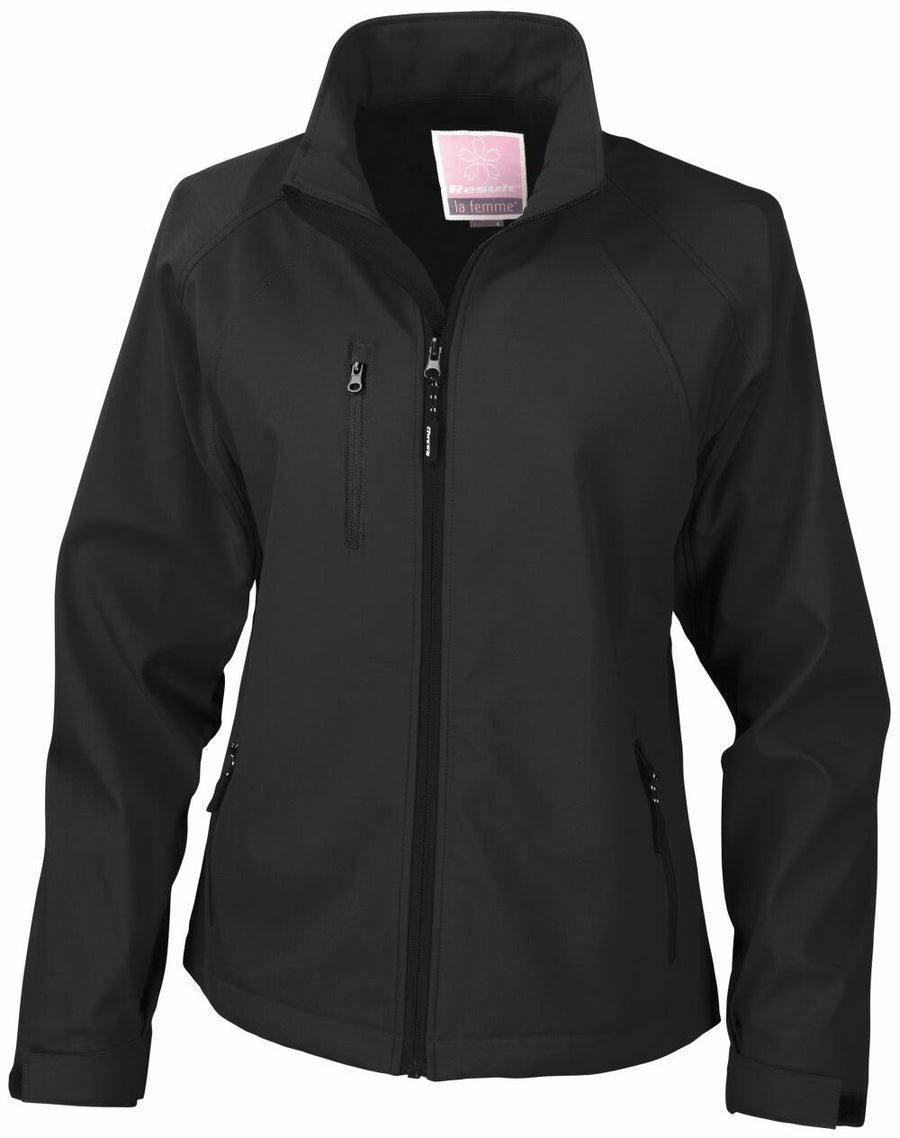 Result's R128F black zip-up softshell jacket features a stand-up collar and multiple zippered pockets.