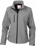 The Result R128F is a sleek, fitted gray softshell jacket featuring a high collar, zippered front, side pockets, and two zippered chest pockets. Inside the label displays a pink tag.
