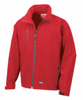 The Result R128X is a red zip-up jacket featuring a high collar and several front zippered pockets.